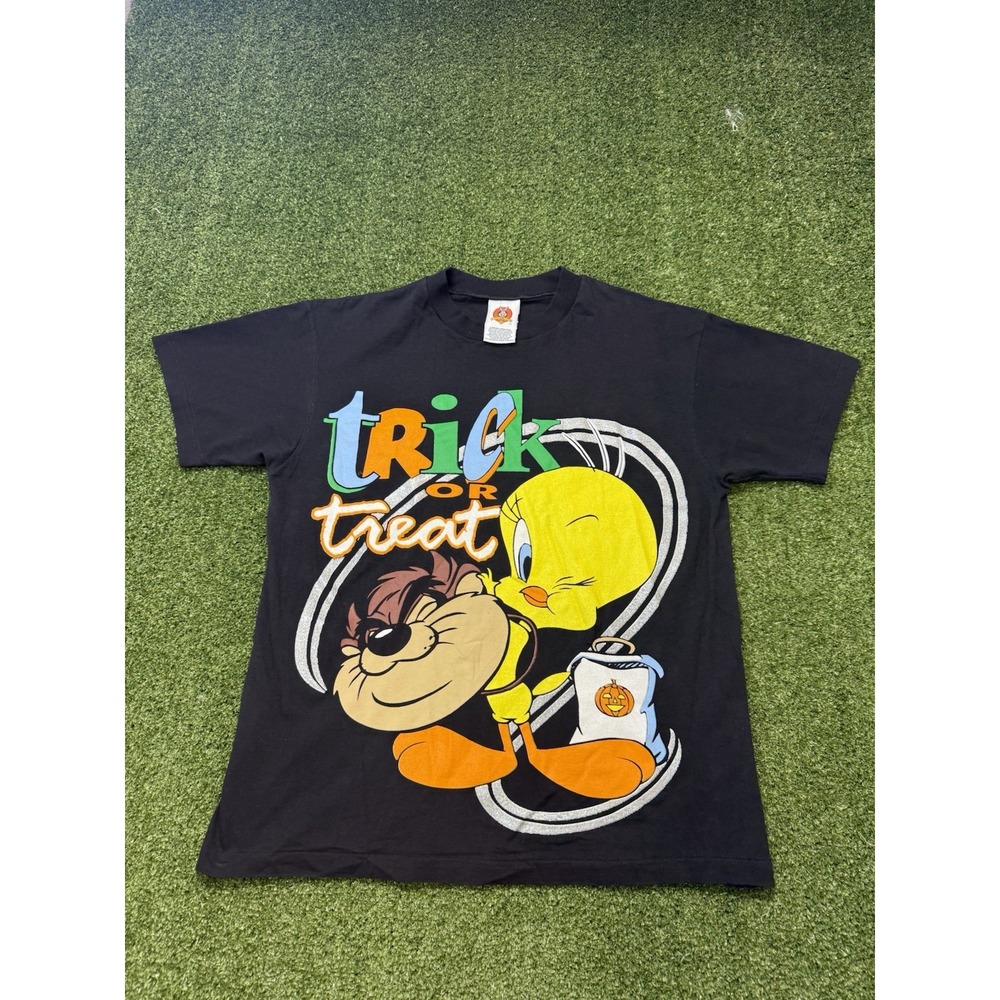 Vintage 1998 Looney Tunes Tweety Bird & Taz Halloween Trick or Treat Shirt L